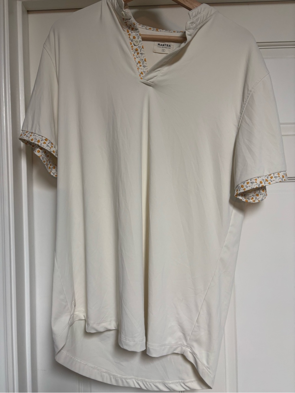 MantraBand Cream Short Sleeve Polo with Floral Trim